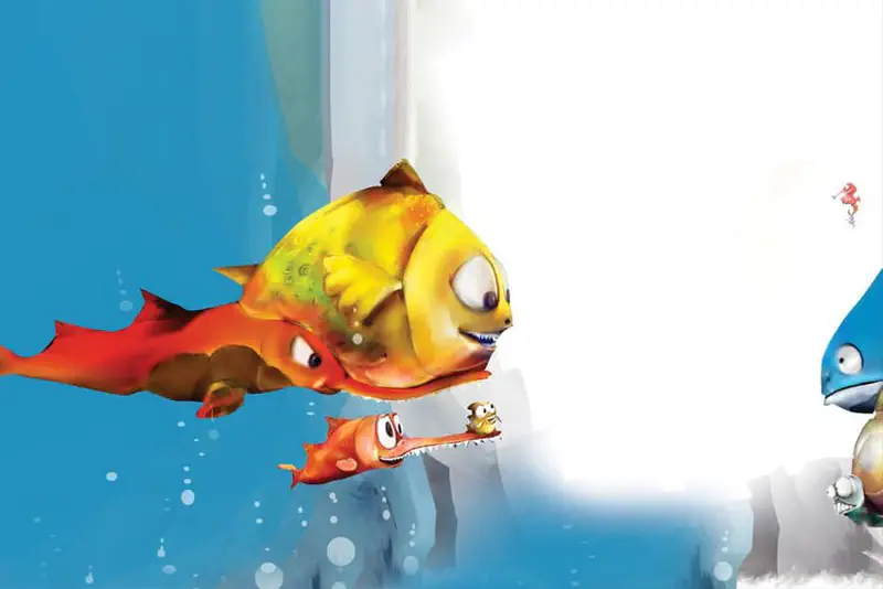 Big fish and little fish swimming side by side as friends