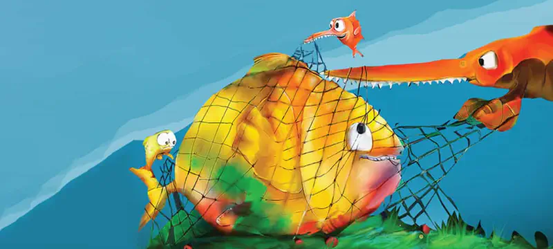 Orange swordfish standing on trapped yellow fish in net while confronting long-nosed predator
