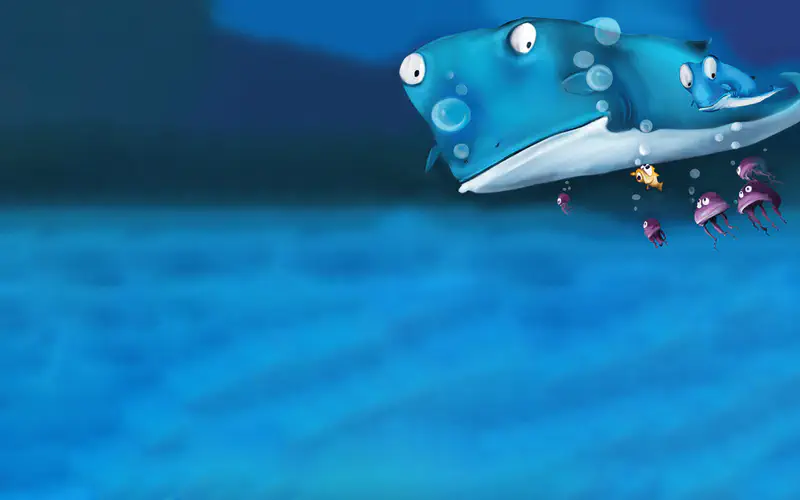 Two blue whales swimming together with tiny yellow fish and purple jellyfish underneath