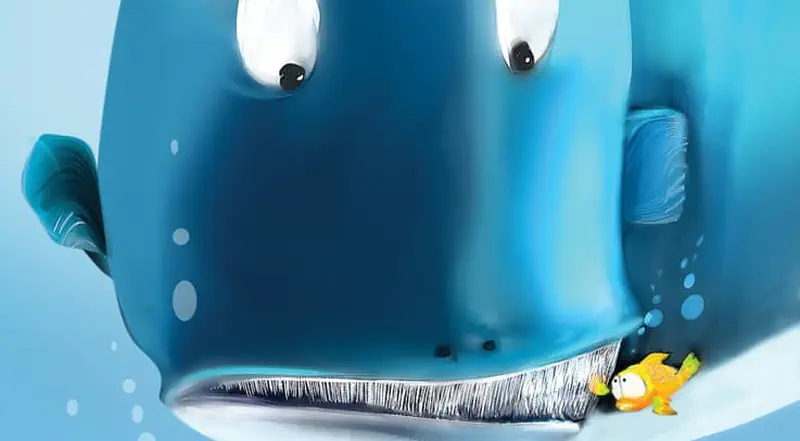 Big blue whale with orange fish peeking out from its mouth surrounded by bubbles