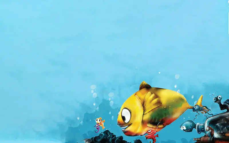 Big yellow fish swimming past little orange fish, seahorse, and octopus near ocean rocks