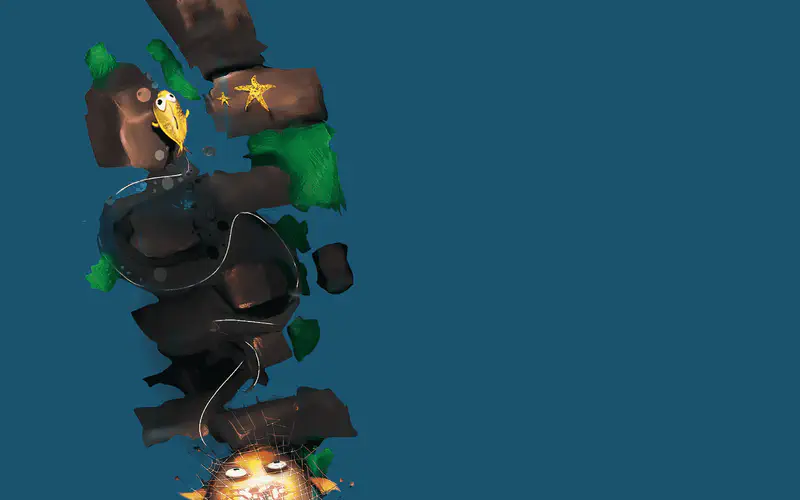 Little yellow fish swimming through broken pipes and rocks with big fish trapped in net below