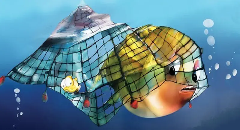 Big yellow fish caught in fishing net with little yellow fish swimming alongside looking worried