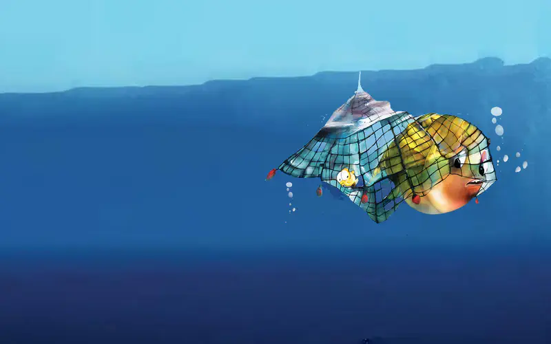 Little blue fish following big orange fish through coral reef scene