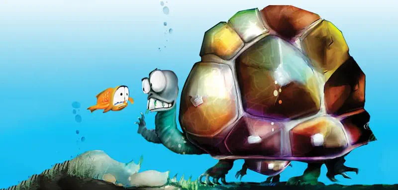 Small orange fish meeting a large friendly sea turtle with colorful shell on the ocean floor