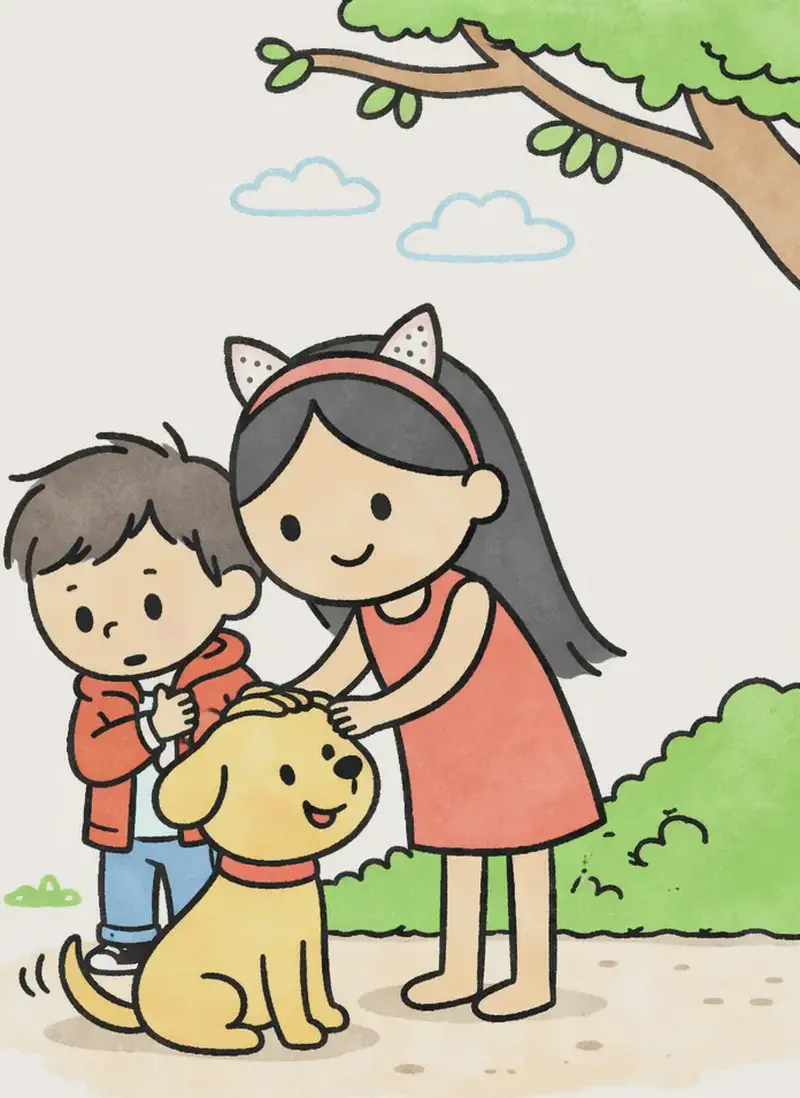 On the right side of the image, Big Sis stands confidently, leaning forward with a warm smile as she reaches out to pet Dog on the head. Dog sits happily in front of her, looking content with a wagging tail and its red collar visible. Little Brother stands just behind Big Sis, clutching her arm nervously with a worried, uncertain expression on his face, clearly less comfortable around Dog. The scene is set outdoors on a sunny day along a dirt path with green bushes, a tree branch overhead, and a clear sky with soft clouds. The left side of the image is plain white background.