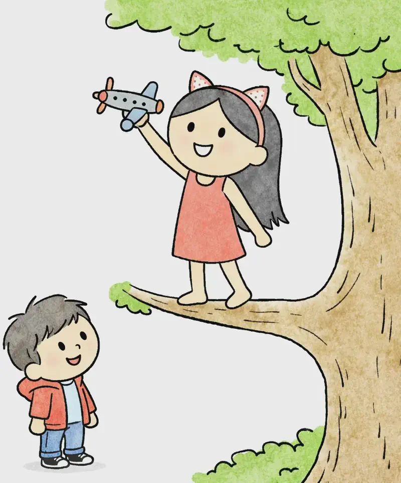 On the right side of the image, Big Sis stands on a large tree branch, smiling confidently as she holds up a toy airplane in one hand, looking up at it against the sky. Little Brother stands at the base of the tree below her, looking up at Big Sis with a happy, admiring expression. The scene is set outdoors on a sunny day, with lush green foliage surrounding the large tree. The left side of the image is plain white background, leaving space for text.