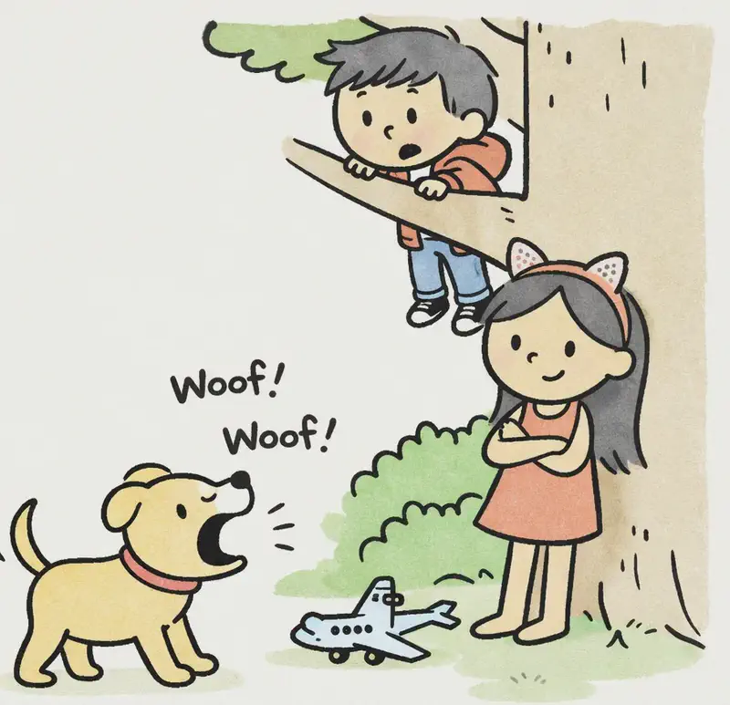 On the right side of the image, Dog stands in the center-right, barking with mouth wide open and a determined expression, facing toward a large tree. Big Sis leans against the base of the tree on the far right, looking down at Dog with a confident, unfazed expression and her arms crossed. Little Brother is perched up in the branches of the tree above, peeking down with a worried or uncertain expression. A toy airplane lies on the ground between Dog and the tree. The scene is set outdoors in a sunny suburban yard with green grass, bushes, and a clear blue sky.
