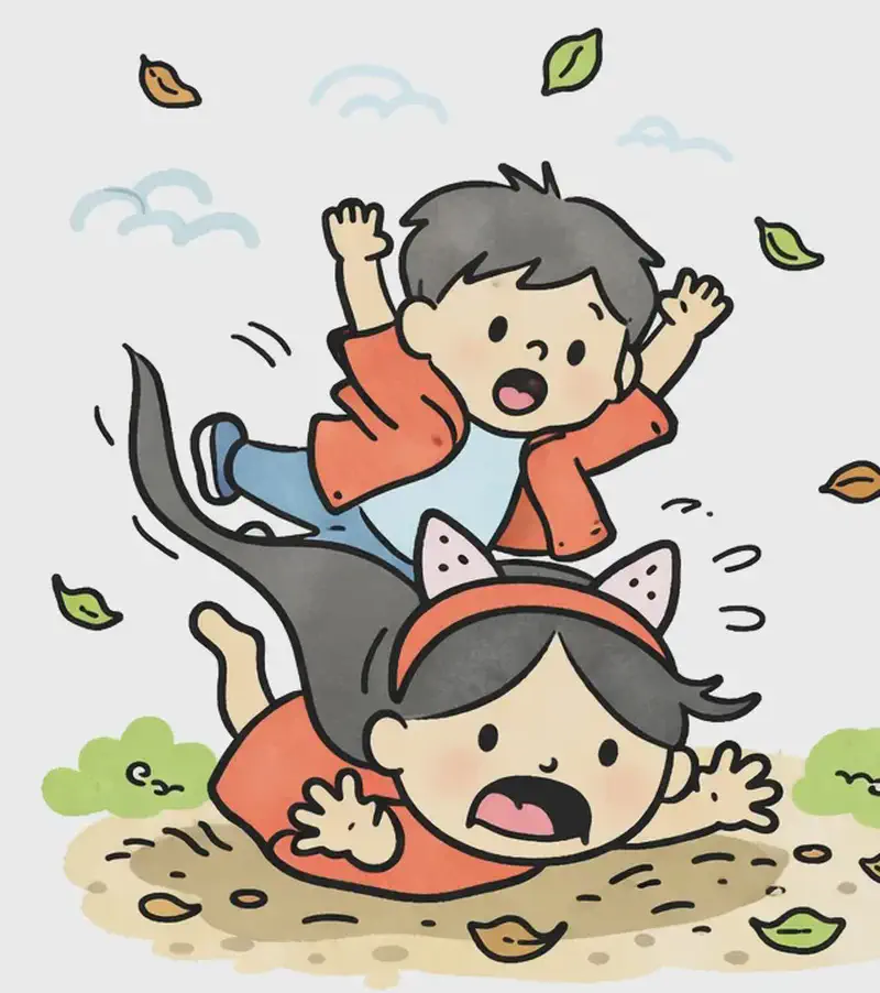 On the left side of the image, Big Sis is tumbling forward onto the ground with a shocked, open-mouthed expression, her arms splayed out as she falls into a patch of dirt and scattered leaves. Little Brother is toppling over her back with a surprised expression, arms flung upward. Dog stands nearby on the right of the group, looking at them with a curious, slightly concerned expression. The outdoor scene is set on a grassy path under a pale blue sky with wispy clouds, with green leaves shaking loose from a nearby tree and drifting through the air. The right side of the image is plain white background.