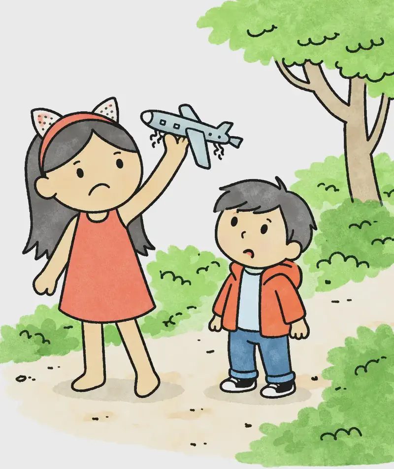 On the right side of the image, Big Sis stands on a dirt path holding a damaged toy airplane up in one hand with a determined expression, examining it closely. Little Brother stands just behind and to her right, looking up at the plane with a worried or curious expression. The scene is set outdoors on a sunny day along a path lined with green trees and bushes, in what resembles a suburban park or neighborhood trail. The left side of the image is plain white background.