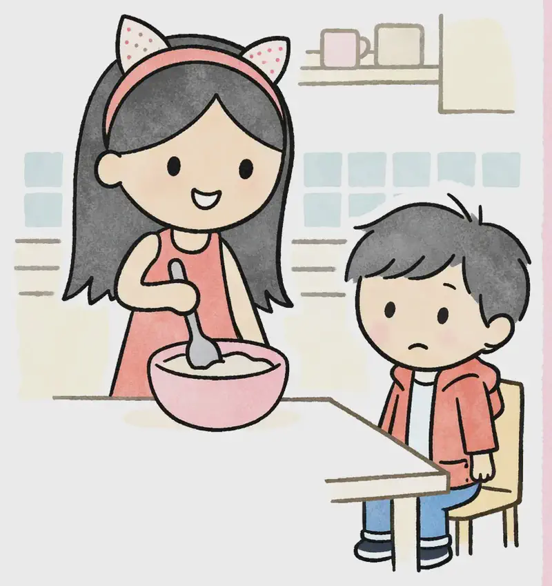 On the left side of the image, Big Sis stands at a kitchen counter with a cheerful, determined expression, stirring the contents of a bowl with a large spoon. Little Brother sits nearby at a small table, watching her with a slightly worried or uncertain expression and a small pout on his face. The scene is set indoors in a cozy kitchen with warm lighting, patterned tiles, and shelves visible in the background. The right side of the image is plain pink background with no detail.
