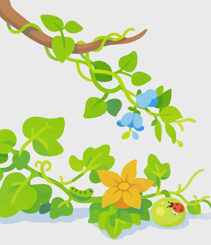 On the left side of the image, lush green vines wind along a tree branch at the top and sprawl across the bottom, featuring delicate blue flowers hanging from the upper vine and a large golden-yellow squash blossom on the lower vine alongside a small green fruit. A green caterpillar crawls along the lower vine's stem, and a tiny red ladybug perches on the small fruit. The right side of the image is plain white background, open for text.