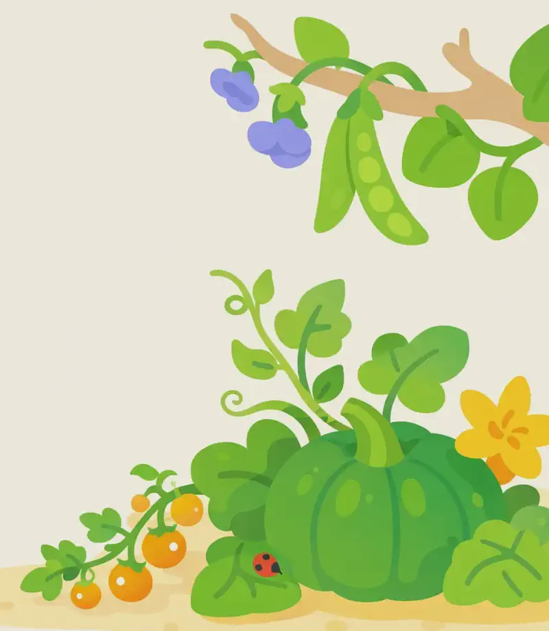 On the right side of the image, a large green squash or pumpkin sits on the ground surrounded by broad leaves and curling vines, with a bright yellow flower blooming nearby and a small ladybug resting on a leaf. Above it, a vine with green bean pods and delicate blue-purple flowers wraps along a branch. In the lower left, a vine bearing small golden-orange fruit (resembling cherry tomatoes or ground cherries) trails along the sandy ground, with leafy green bamboo-like foliage framing the upper left corner. The scene is a bright, sunlit outdoor garden setting with a soft pale sky.