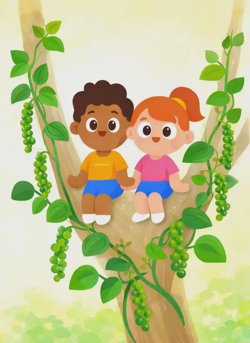 On the right side of the image, a watercolor illustration shows a tree fork where green leafy vines have split and grown in two directions, climbing up both branches. The vines are lush with broad heart-shaped leaves and dangling clusters of small green berries. Two children sit side by side in the fork of the tree: a boy with dark brown skin and short curly dark hair, wearing an orange t-shirt, blue shorts, and white shoes, and a girl with light skin and orange hair in a ponytail, wearing a pink t-shirt, blue shorts, and white shoes. The left side of the image is a plain warm yellow-cream watercolor wash, left open for text. The scene is an outdoor daytime setting with a soft, bright background and hints of green foliage along the bottom edge, rendered in a delicate botanical illustration style.