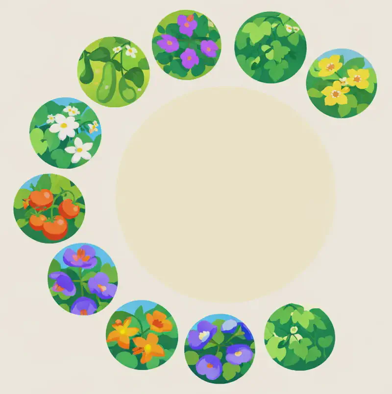On the left side of the image, circular photo thumbnails are arranged in a curved arc, each showing a different type of vine or climbing plant — including cucumbers, flowering vines, leafy green creepers, and other garden varieties. The thumbnails form a partial wreath pattern against a soft cream background, with a large pale circle in the center left. The right side of the image is plain cream-colored background, clear for text overlay.