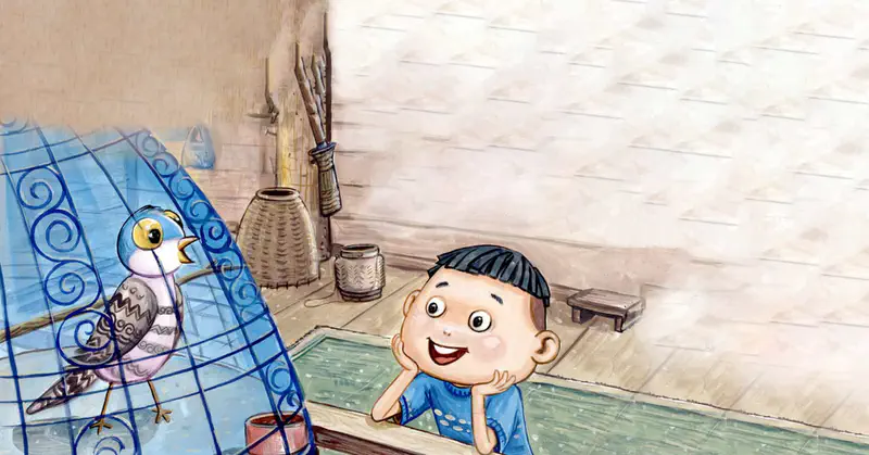 Boy with black hair smiling at a patterned bird singing in a blue cage in a traditional room