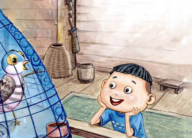 Bird looking out through cage bars at blue sky and trees outside