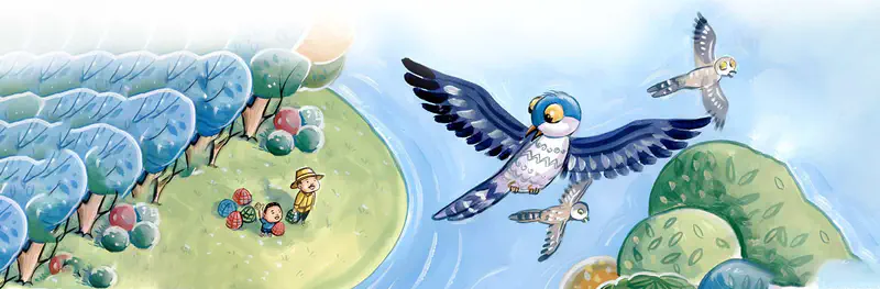 Blue bird flying freely with other birds over green hills while boy and man wave from below