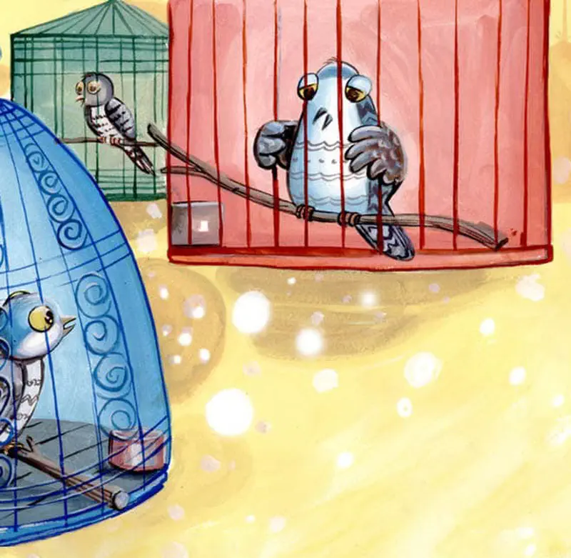 Three birds sitting in separate colorful cages, blue, red, and green, looking at each other