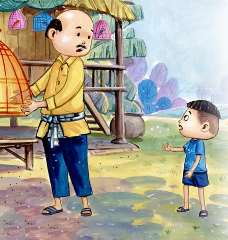 Boy talking to man in yellow shirt near birdcages at a market stall with trees in background