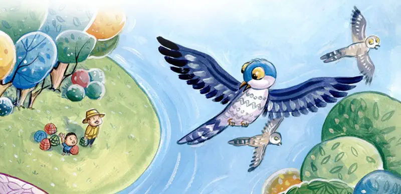 Bird singing on tree branch with other birds joining nearby