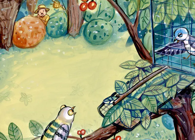 Girl opening birdcage door to let yellow bird fly free