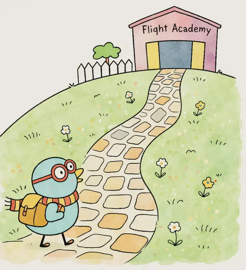 On the right side of the image, the Bird stands on a winding cobblestone path that leads up rolling green hills toward a pink building with a sign reading "Flight Academy." The Bird has a determined expression, wearing red-framed glasses and an orange-and-red striped scarf, carrying a backpack, looking up the path toward the academy. The outdoor scene is bright and sunny with a clear blue sky, scattered flowers on the grassy hills, a white picket fence near the building, and a small tree in the background.