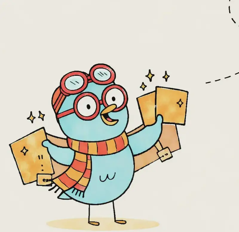 On the left side of the image, the Bird stands facing forward with homemade cardboard-and-tape wings outstretched, wearing red-framed glasses, an orange-and-red striped scarf, and aviator goggles pushed up on its head, holding up golden cards that sparkle in the sunlight. The Bird has a proud, beaming grin, as if showing off after a successful flight. A dashed curved line swoops across the upper right of the image, suggesting the flight path the Bird just took. The background is a warm golden-yellow wash, with the right side left as plain open space.