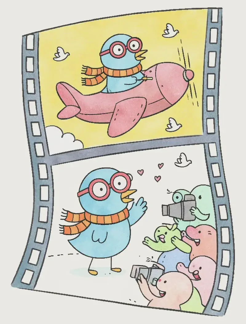 The image shows a film-strip style composition on the left side. In the upper frame, the Bird is flying a pink airplane against a bright yellow sky, wearing red-framed glasses and an orange-and-red striped scarf, with white doves soaring around, looking determined and adventurous. In the lower frame, the Bird stands on the left posing like a movie star, surrounded by adoring small fan characters taking photos and reaching out excitedly, with a film camera operator nearby. The right side of the image is plain blue watercolor background.