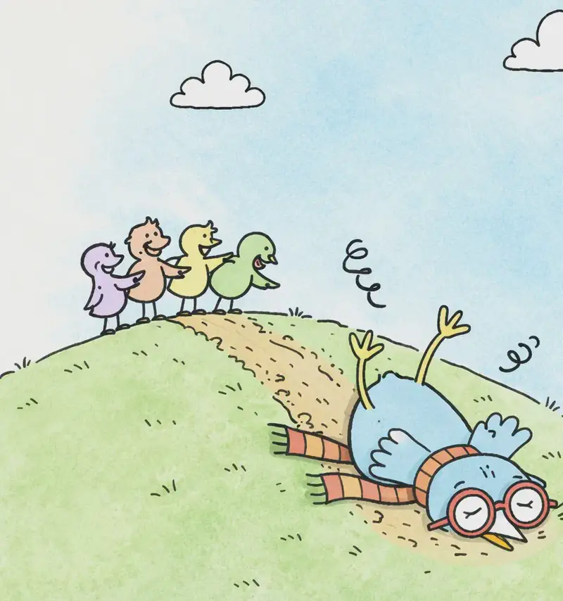 On the right side of the image, the Bird lies face-down on a grassy hilltop after a crash landing, with legs and wings splayed out and sticking up in the air, wearing red-framed glasses and an orange-and-red striped scarf, looking dazed and embarrassed with a dizzy expression. A dirt trail marks the crash path behind the Bird. In the center-left background, a group of four other birds stand together on the hill, laughing and pointing at the Bird. The scene is set outdoors on a bright, sunny day on a rounded green hill with wildflowers, under a blue sky with scattered white clouds.