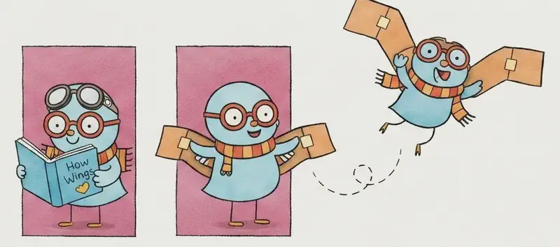 The image shows a three-panel sequence of the Bird on the right side of the image. In the first panel, the Bird stands reading a handbook about how wings work with a focused expression, wearing red-framed glasses, an orange-and-red striped scarf, and aviator goggles pushed up on its head. In the second panel, the Bird stands with arms outstretched, showing off a pair of homemade cardboard-and-tape wings strapped on, with a determined expression. In the third panel (furthest right), the Bird leaps into the air, flying upward with the homemade cardboard-and-tape wings spread wide and a look of excited surprise, wearing the aviator goggles over its eyes. A dashed line traces the Bird's flight path between the second and third poses. The two left panels are set against pink/magenta rectangular backgrounds, while the flying pose is against open white sky.