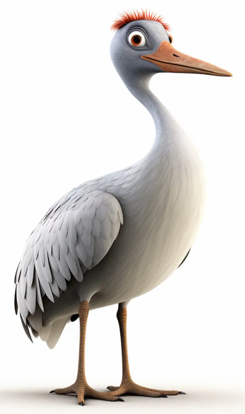 Gray and white cartoon crane bird with red head tuft