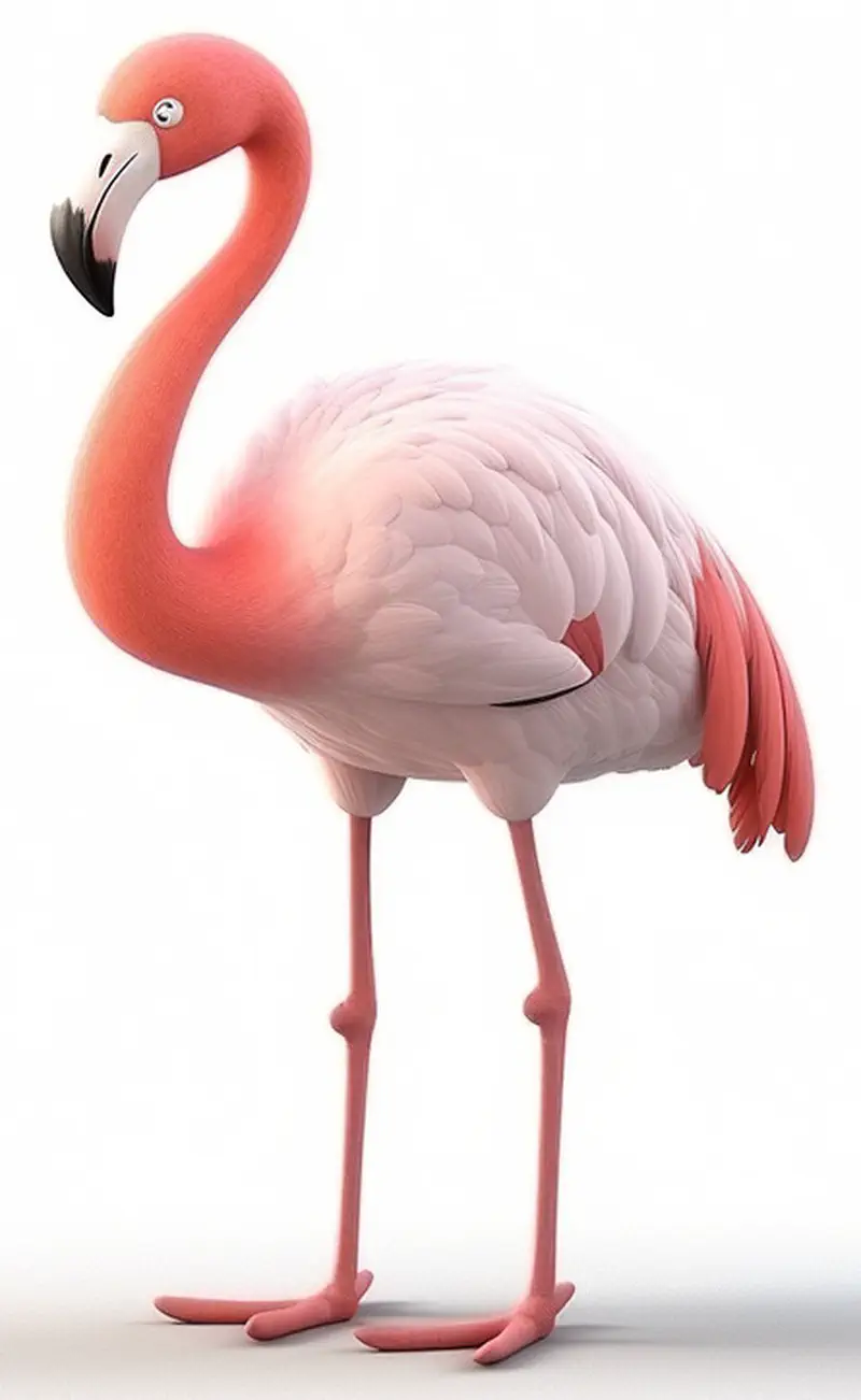 Pink cartoon flamingo standing tall on long legs