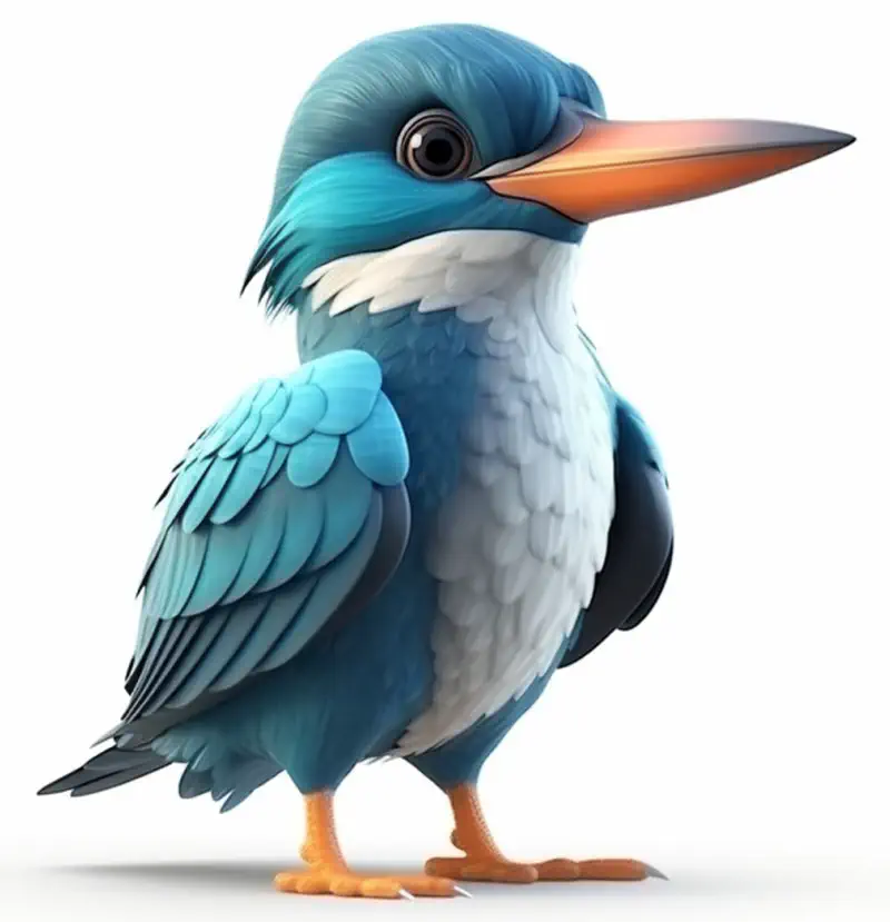 Blue cartoon kingfisher bird with orange beak standing