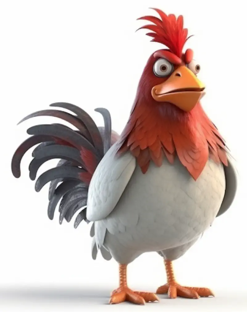 Red and white cartoon rooster with tall red comb