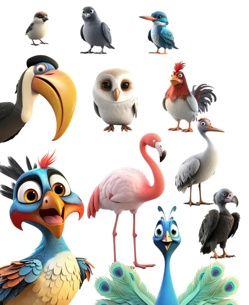 Collection of twelve different cartoon birds including peacock, owl, and flamingo