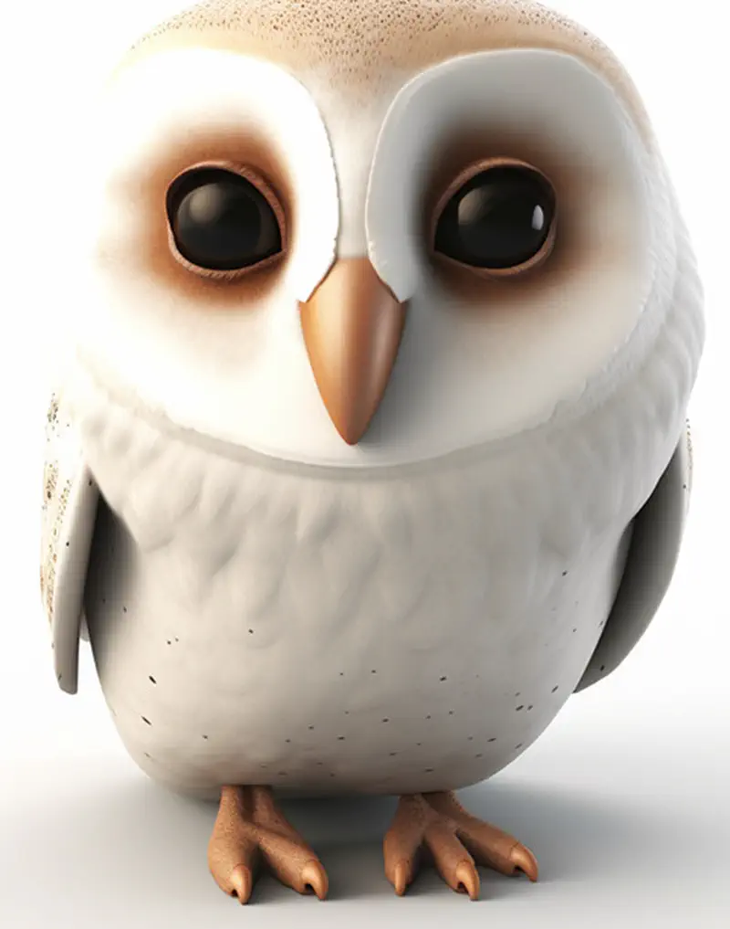 White cartoon barn owl with heart-shaped face and big eyes