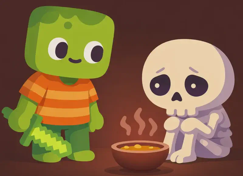On the right side of the image, Skel sits hunched on the floor with a subdued, worried expression, staring blankly at a bowl of hot food in front of him. On the left, Zom stands nearby facing Skel, having just brought the food, looking at his friend with quiet concern. The scene is set indoors in a dimly lit room with warm but low lighting and deep brown tones, reflecting the sombre mood. The atmosphere feels heavy, with Skel's worry filling the small space.