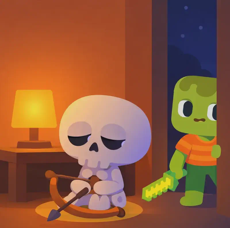On the left side of the image, Skel sits alone in the warm glow of the house interior, eyes half-closed with a tired, drained expression, finally able to rest. On the right side, Zom is visible near a doorway heading out into the dark night, glancing back toward Skel with a determined look before going to search for Bones. The scene is set indoors with warm amber lighting from a lamp or fire, contrasting with the cold dark visible through the open door. The right side transitions to dark background suitable for text overlay.