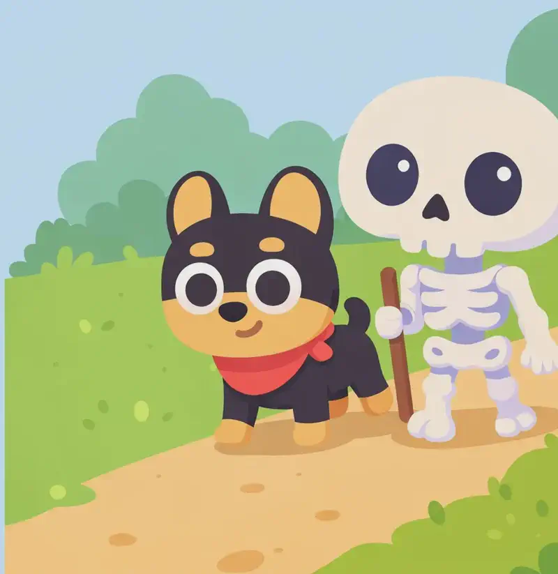 On the right side of the image, Skel stands facing forward in a grassy outdoor field, holding a walking stick at his side, while Bones trots alongside him slightly to the left on all fours, wearing his bright red bandana around his neck. Both move together through the green landscape along a dirt path. The scene is set during daytime with bright lighting, with trees visible in the background. Bones stays close to Skel, alert and content at his side.