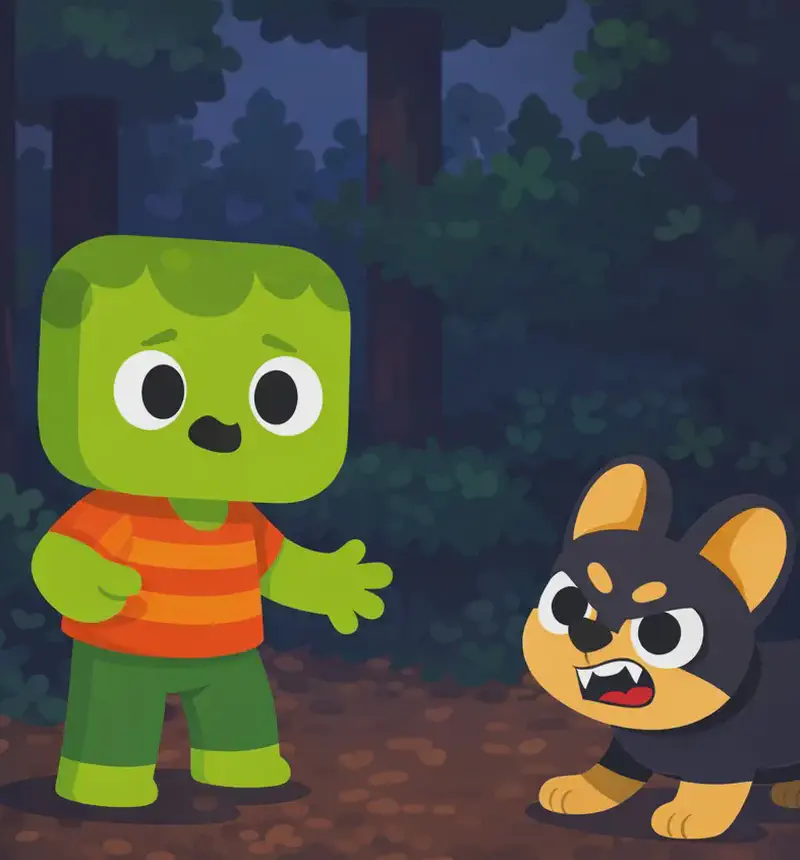 On the left side of the image, Zom stands in a forest clearing, facing Bones with his arms slightly out and one hand extended, approaching cautiously with a hopeful but worried expression. Bones is on all fours directly in front of Zom in a low, defensive crouch, baring his teeth in a growl with a fierce, wild look in his eyes — no red bandana around his neck. The scene is set outdoors in a dense forest with tall trees and leaf-covered ground, under dim, dusky lighting. The right side of the image is open dark background suitable for text overlay.