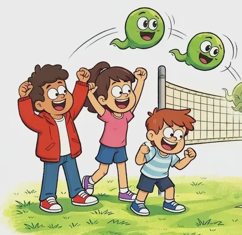 On the left side of the image, a dynamic volleyball scene unfolds on a bright green grassy field with a net. Gad — the round green ghost-ball — bounces wildly in unpredictable arcs with motion lines, shown in multiple positions: phasing straight through one opponent's outstretched hands, bouncing the opposite direction from a serve, and flying off at a crazy angle after a hit, with every flexion of his ghostly body sending him in a new direction. The opposing team kids are exhausted and defeated — some bent over panting, some flopping onto the grass, completely taxed from trying to hit a ghost ball. On the left side of the net, the three known kids — the dark-skinned boy in a red hoodie, the girl with glasses in a pink top, and the smaller boy in a blue-and-white striped shirt — celebrate with fists pumping and huge grins, clearly the winners. The right ~40% of the image is plain white background.