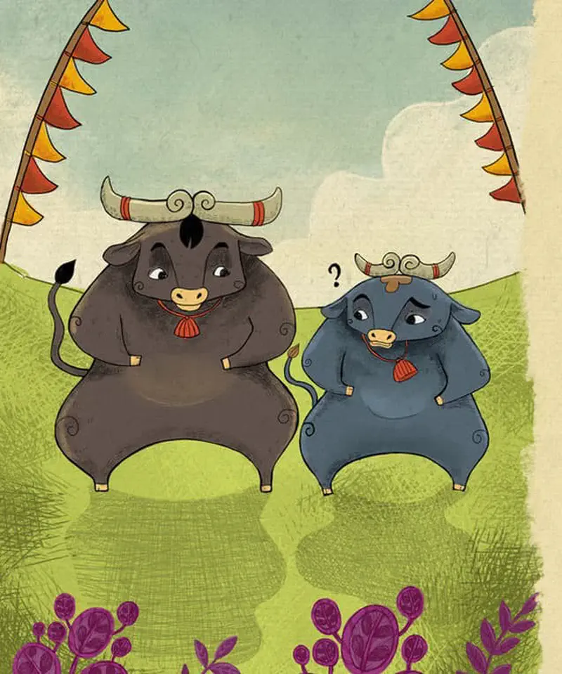 Bop watching closely as big bull demonstrates swaying dance steps