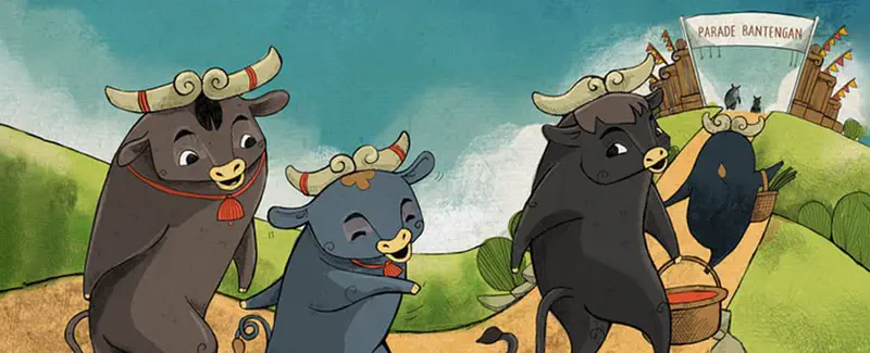 Small brown bull named Bop watching bigger bulls dance in colorful parade