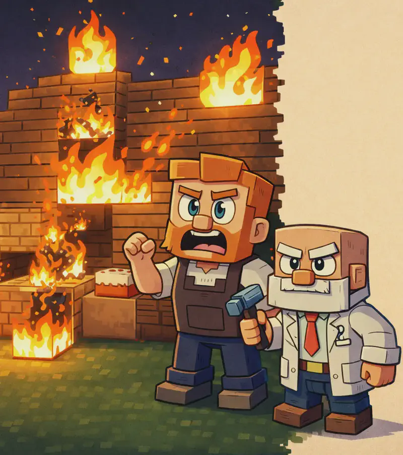 On the left side of the image, a wooden building (Tom's bakery) is engulfed in bright orange and yellow flames against a dark nighttime sky, with sparks and embers floating upward. Tom stands in the foreground to the right of the burning bakery on the green grass, facing toward the viewer at a three-quarter angle. He has a furious, anguished expression, his mouth open mid-shout, one fist raised. His orange hair, orange beard, and dark brown vest over a white short-sleeved shirt are lit by the firelight. Dr. Can Do stands slightly behind Tom, his white lab coat and white mustache visible in the glow of the fire, looking at the blaze with a grim expression. A cake block and a crafting table are visible among the flames at the base of the collapsing structure. The fire casts a warm glow across the surroundings. The right ~40% of the image is a plain parchment-colored text area.