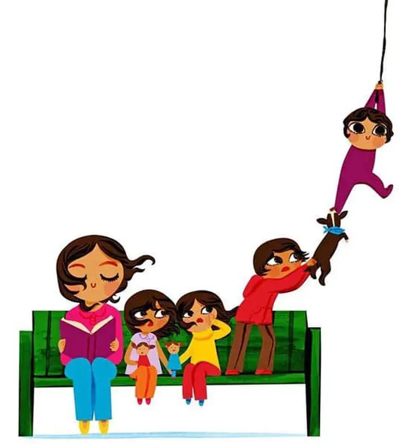 Boy in red grabbing dog while girl floats up on kite string as family watches from bench