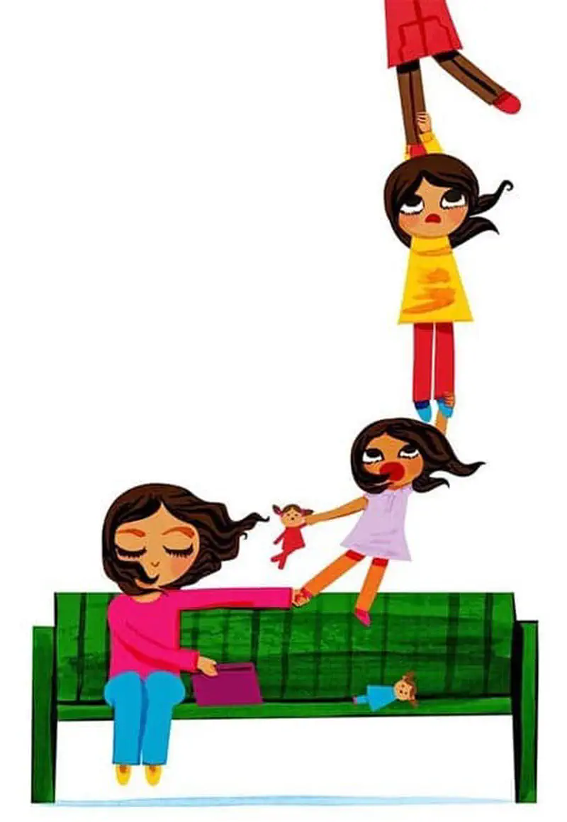 Girl in pink dress grabbing sister feet as chain of children floats up from tilted bench