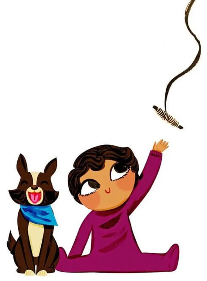 Girl in purple waving goodbye to kite floating away while sitting with happy brown dog