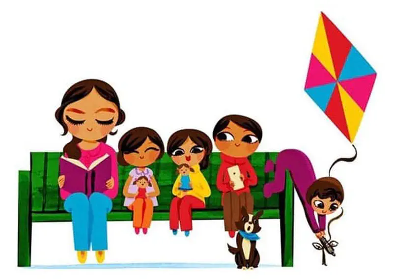 Family sitting on green bench with mum reading, children with toys, dog, and girl grabbing colorful kite