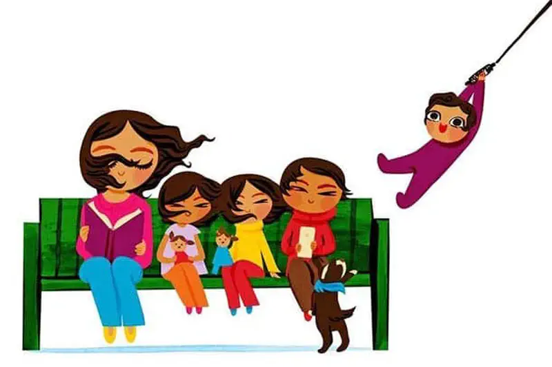 Girl in purple being lifted by kite string while family watches from bench with worried dog